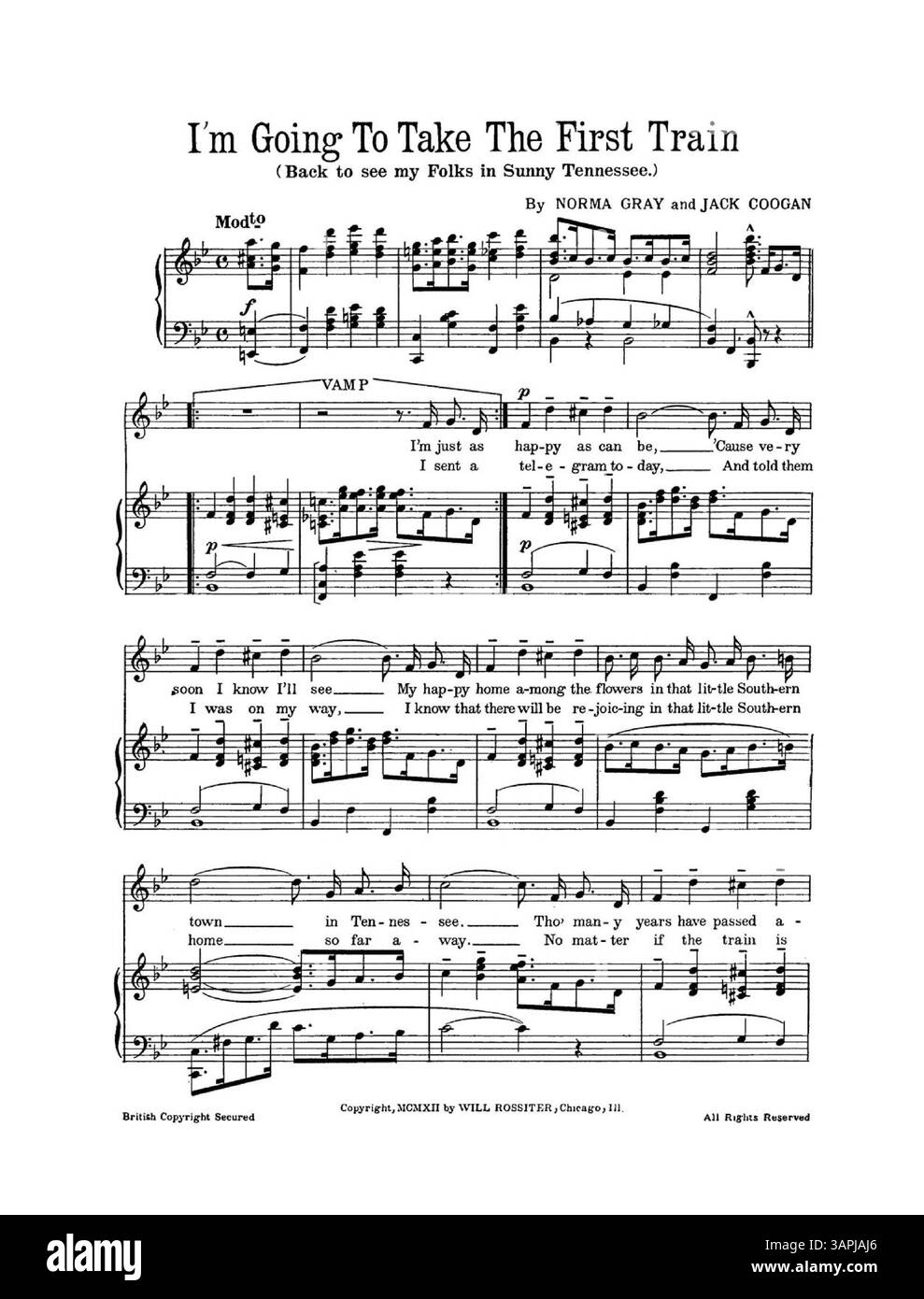 Das Notenblatt für I’m Going To Take the First Train ist Teil von will Rossiters Good-Luck-Songs, geschrieben von Norma Gray und Jack Googan. Das Lied reflektiert populäre Musik des frühen 20. Jahrhunderts und bietet einen Schnappschuss des musikalischen Stils der Epoche und des amerikanischen Songwritings in den 1920er Jahren Stockfoto