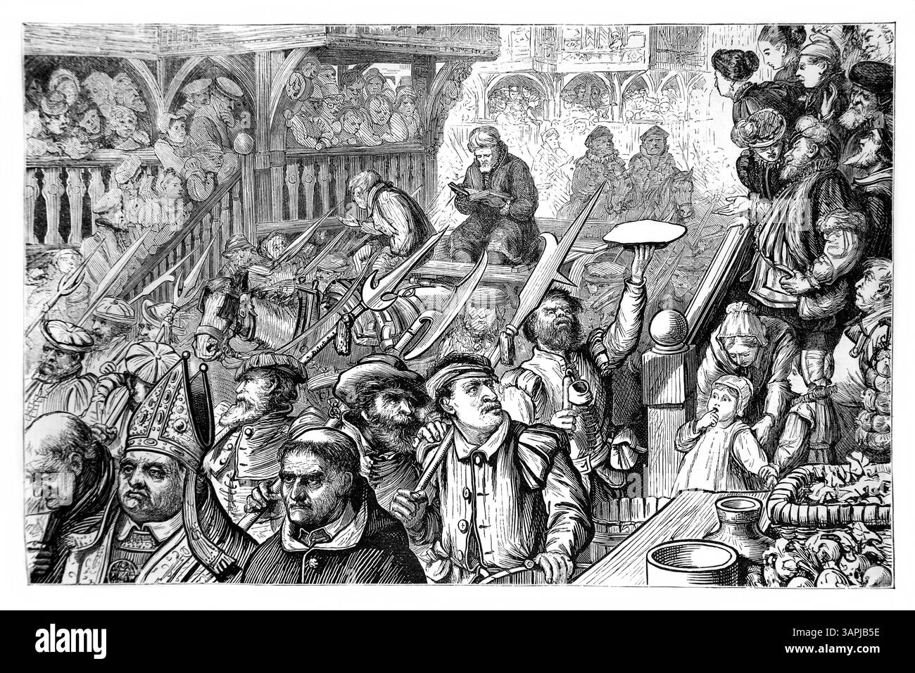 Illustration des Martyriums von Reverend George Marsh - am Tag seiner Hinrichtung wurde er mit dem Sheriff von Chester City Amry und Putsch rausgeholt Stockfoto