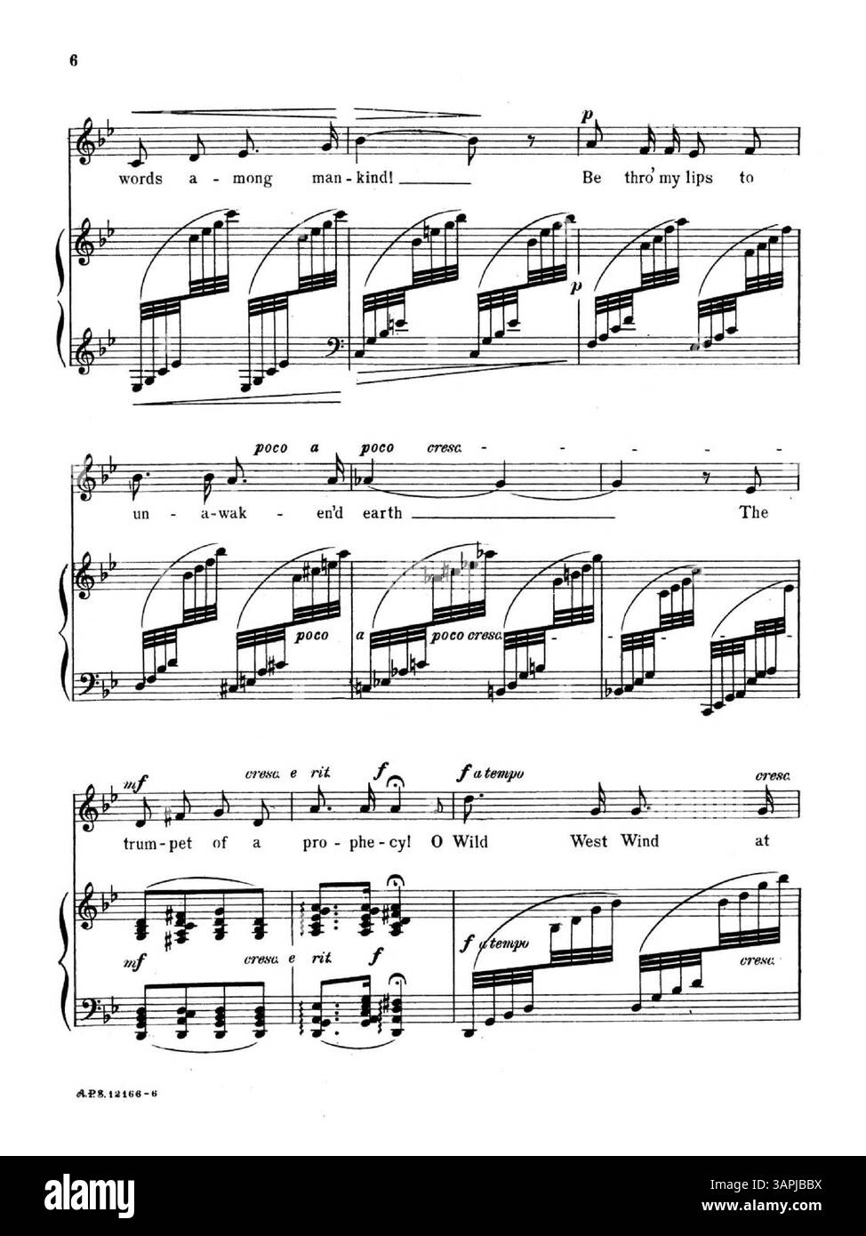 Notenblatt mit dem Titel „O Wild West Wind“ von Florence Newell Barbour. Es ist das vierte Lied der Sammlung Six Song Pictures und ist für Mezzo-Sopran oder Bariton bestimmt. Die Rückseite enthält eine Werbung für Lyric Fancy: A Selection of Songs by American Composers. Nummernschild: A.P.S. 12166. Stockfoto