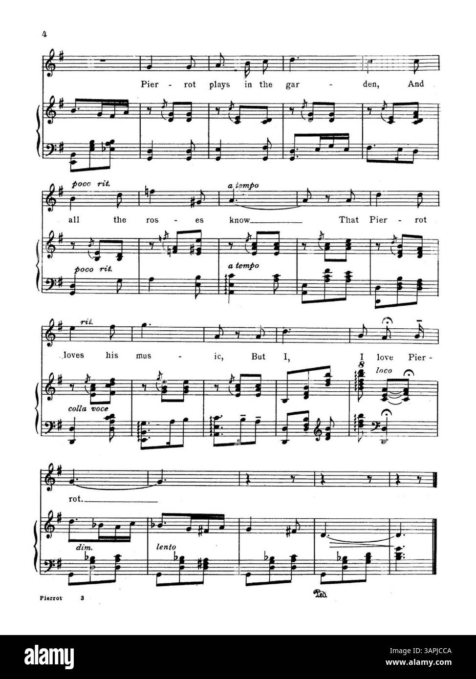 Pierrot enthält Sara Teasdales Texte und Musik von Amy Aldrich Worth für mittlere Stimme. Es enthält eine Werbung für „Ein Lied des Frühlings“. Die Veröffentlichung wurde 1917 von MacMillan Co. Veröffentlicht und kann sich in der Farbe von der digitalen Darstellung unterscheiden. Stockfoto
