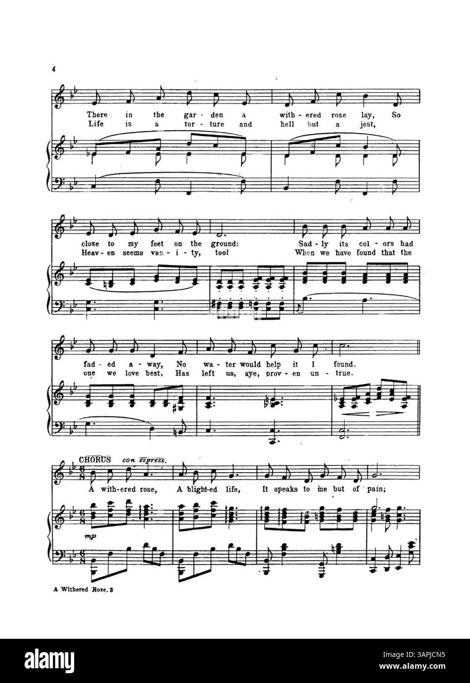 Das Lied Withered Rose von Jerome H. Remick & Co. Ist mit der Nummer 8740 katalogisiert. Auf der Innenseite des Notenblatts wird für „neueste Publikationen“ geworben, darunter ein musikalischer Auszug aus „Sweet Red Roses“. Auf der Rückseite ist auch eine blaue Werbung mit einem musikalischen Auszug aus „Winter“ zu sehen. Stockfoto