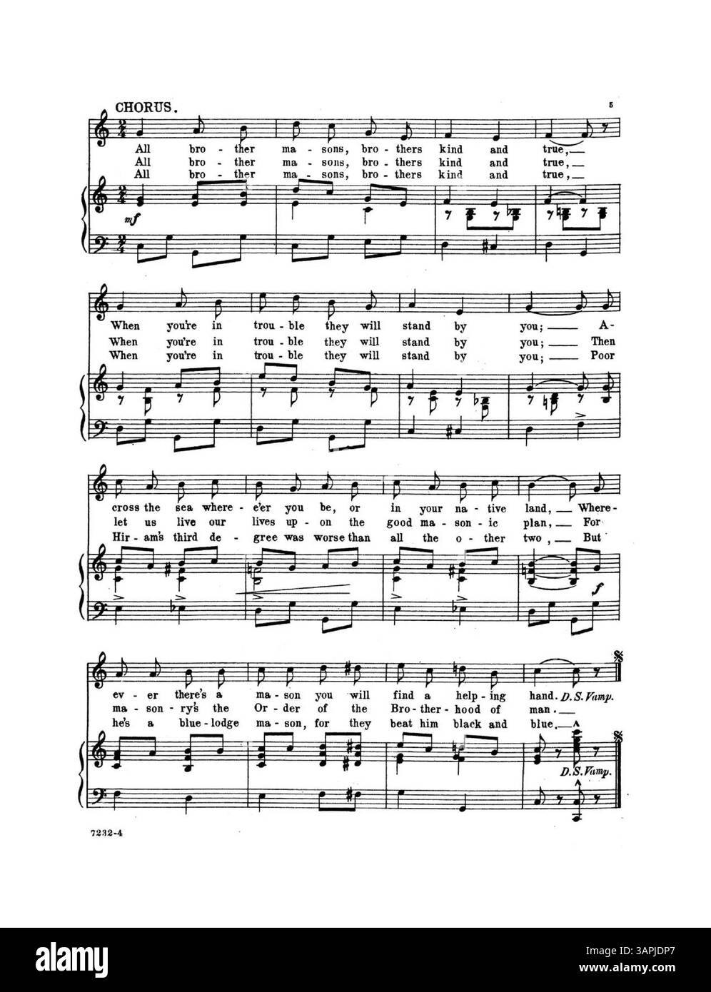 Brother Masons enthält Texte von Vincent Bevan und Musik von Gertrude Hoffman. Das Cover enthält eine zusätzliche Nummer aus „When We Are Forty One“, die auf dem New York Roof und dem Wisteria Grove eingeführt wurde, mit Texten von Robert B. Smith und Musik von Gus Edwards. Kennzeichen Nr. 7232. Auf der Rückseite befindet sich eine Liste der verfügbaren Songs von Gus Edwards. Stockfoto
