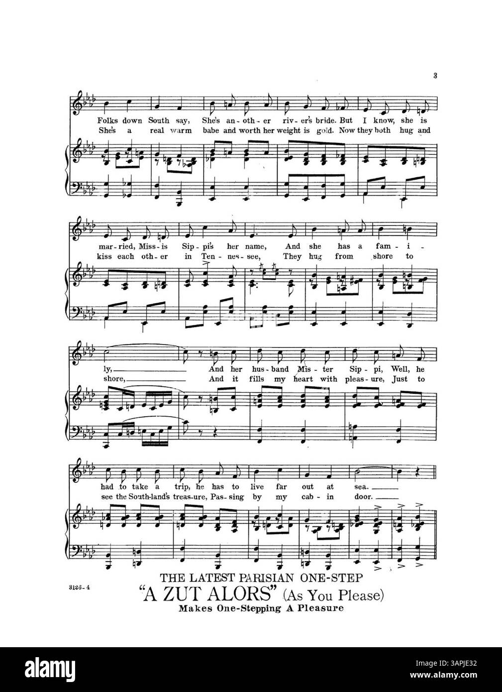 Mrs. Sippi You're a Grand Old Girl, University of Oregon Libraries; auf der Rückseite befindet sich eine ganzseitige Werbung, die ursprünglich in „The Saturday Evening Post“ veröffentlicht wurde und Lieder von Leo Feist Inc. Wirbt. Auf den Innenseiten sind Werbung für Lieder wie „A Zut Alors“, „The Uriel Maxixe“ und „Chapel Chimes“ aus dem Stück „Pretty Mrs. Smith“ aufgeführt. Stockfoto