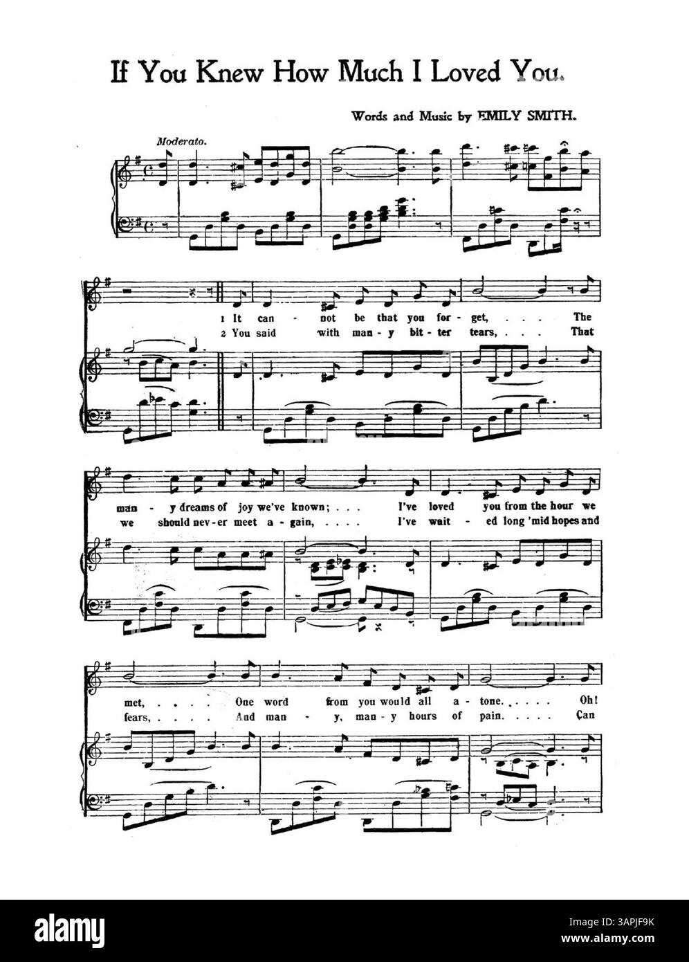Eine Musikergänzung des New York American and Journal vom 23. Juli 1905 mit dem Lied If You Known How much I Loved You, geschrieben, komponiert und gesungen von Miss Emily Smith. Die Farbdarstellung im digitalen Bild kann vom Original abweichen und Beschriftungen sind auf Anfrage erhältlich. Stockfoto