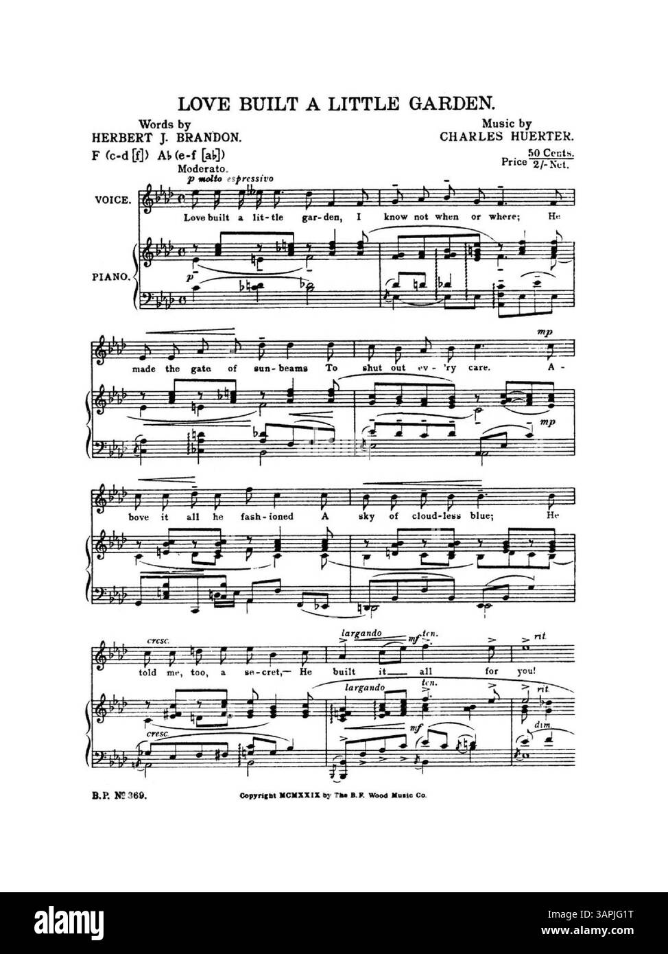 Hoffnung ist Teil der German Songs, First Series und wurde von Mr. Eillison Van Hoose gesungen. Das Lied ist in E-Dur geschrieben und wurde von B.F.W. 3468 veröffentlicht. Auf der Rückseite befindet sich eine Werbung für „Love Built a Little Garden“. Stockfoto