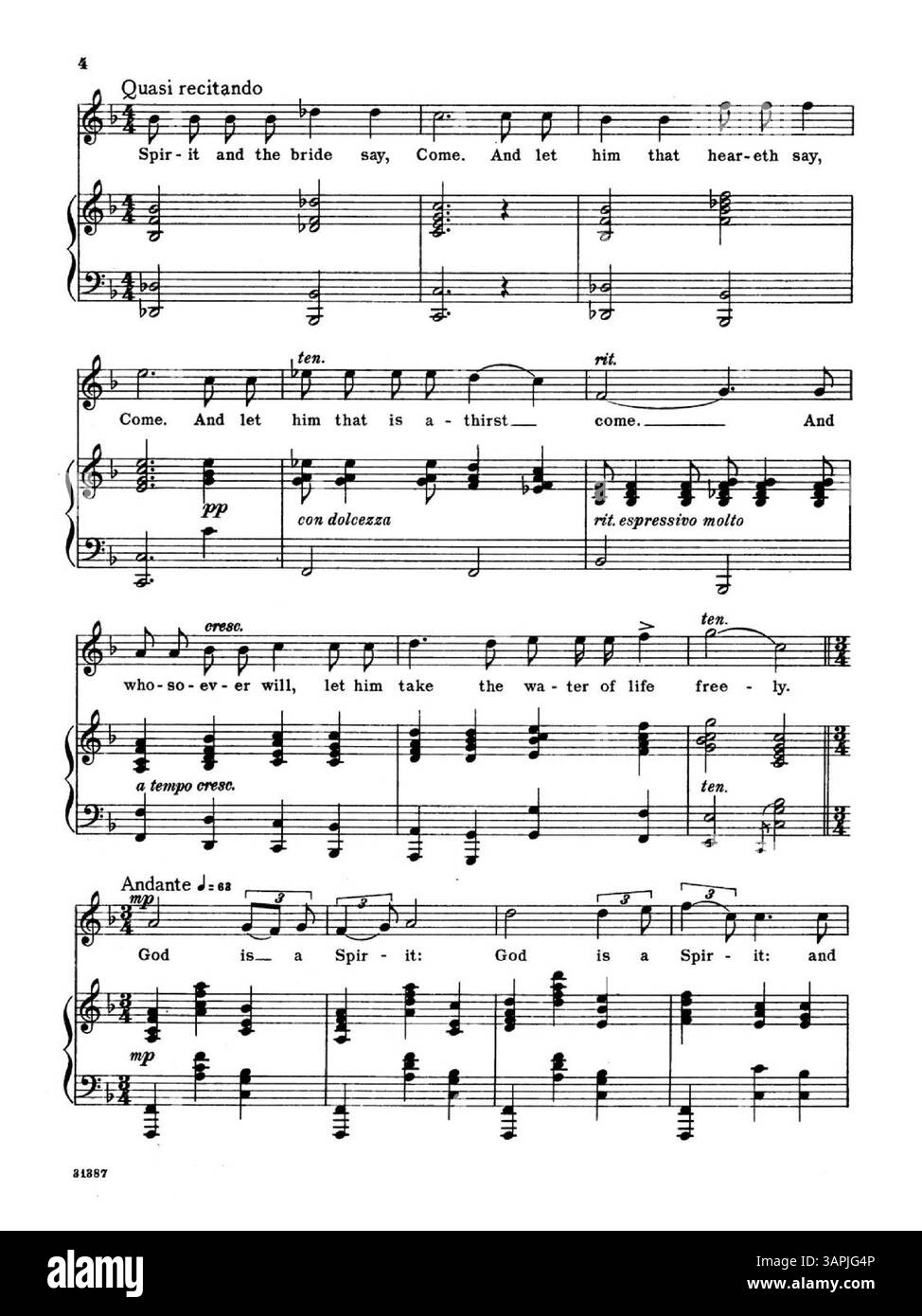 „God is Spirit“, ein schriftliches Lied von Gertrude Ross, ist für hohe Stimme arrangiert. Der Text, abgeleitet von Johannes 23-24 und Offenbarung 22,17, spiegelt heilige Themen wider. Auf der Rückseite befindet sich eine Werbung mit „New Sacred Songs by Well-known Composers, Series II“. Nummernschild: 31387. Stockfoto