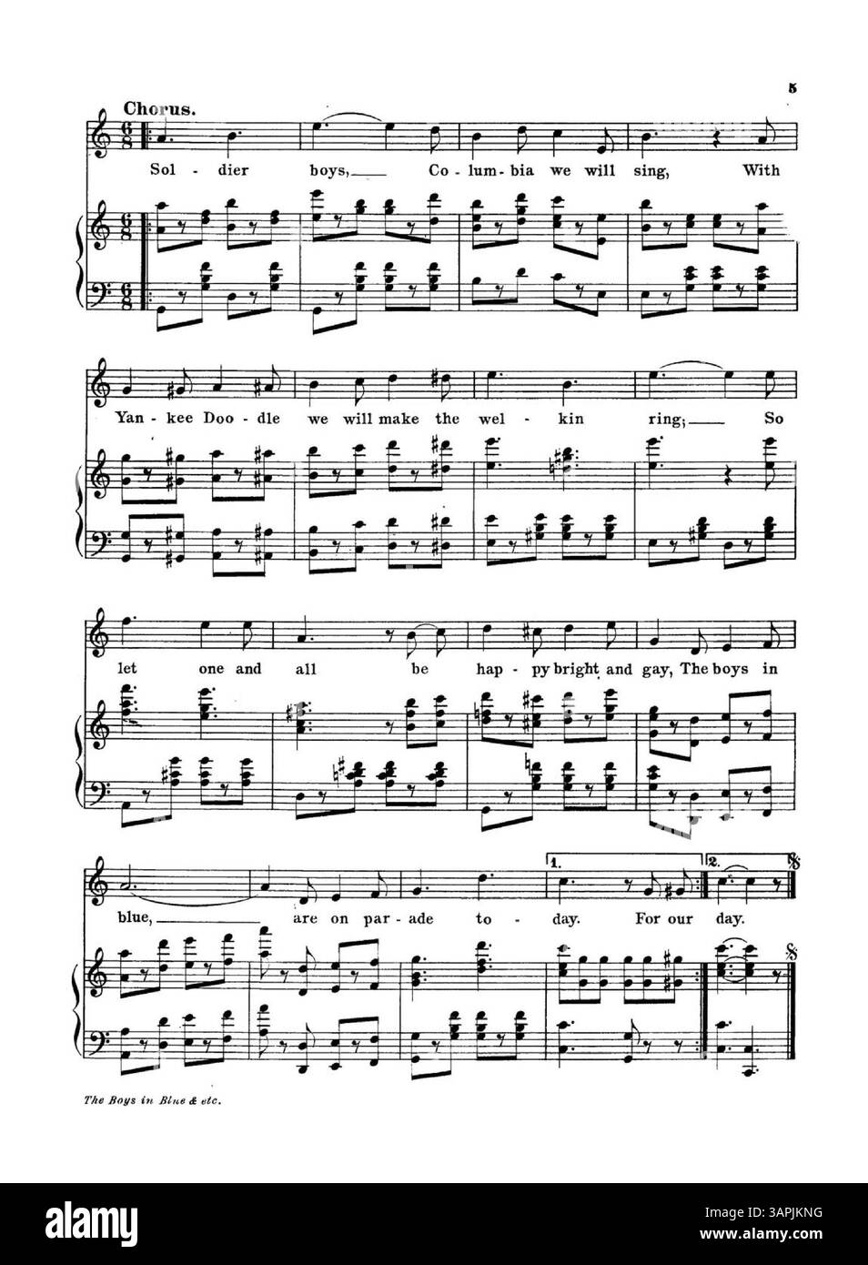 Dies ist eine weitere Version der Notenblätter „The Boys in Blue Parade To-day“ mit dem gleichen Titel wie die erste, erhältlich in den University of Oregon Libraries. Die erste Seite enthält die Details des Songs. Stockfoto