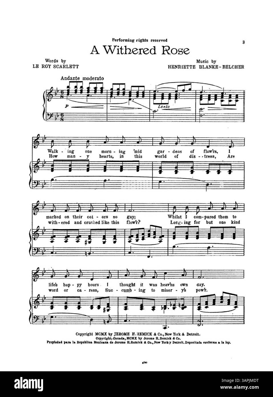 Diese Version von „Withered Rose“, herausgegeben von Jerome H. Remick & Co., ist mit der Nummer 8740 gekennzeichnet. Auf der Innenseite des Covers befindet sich eine Werbung für „neueste Publikationen“ mit einem musikalischen Auszug aus „Sweet Red Roses“. Die Rückseite zeigt eine blaue Werbung für andere Songs, einschließlich eines musikalischen Ausschnitts aus „Winter“. Stockfoto