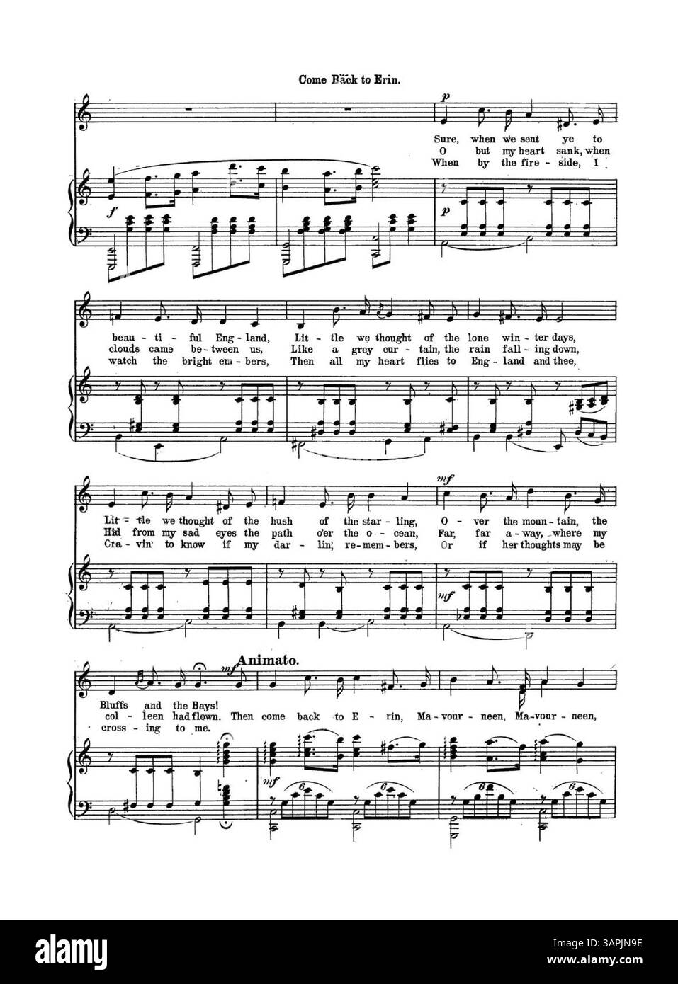 Come Back to Erin ist ein Musikstück mit einem Auszug aus dem Song „Meditation“ von A. Kimball auf der Innenseite und „Dreaming“ von Adelaida Aguero auf der Rückseite. Stockfoto