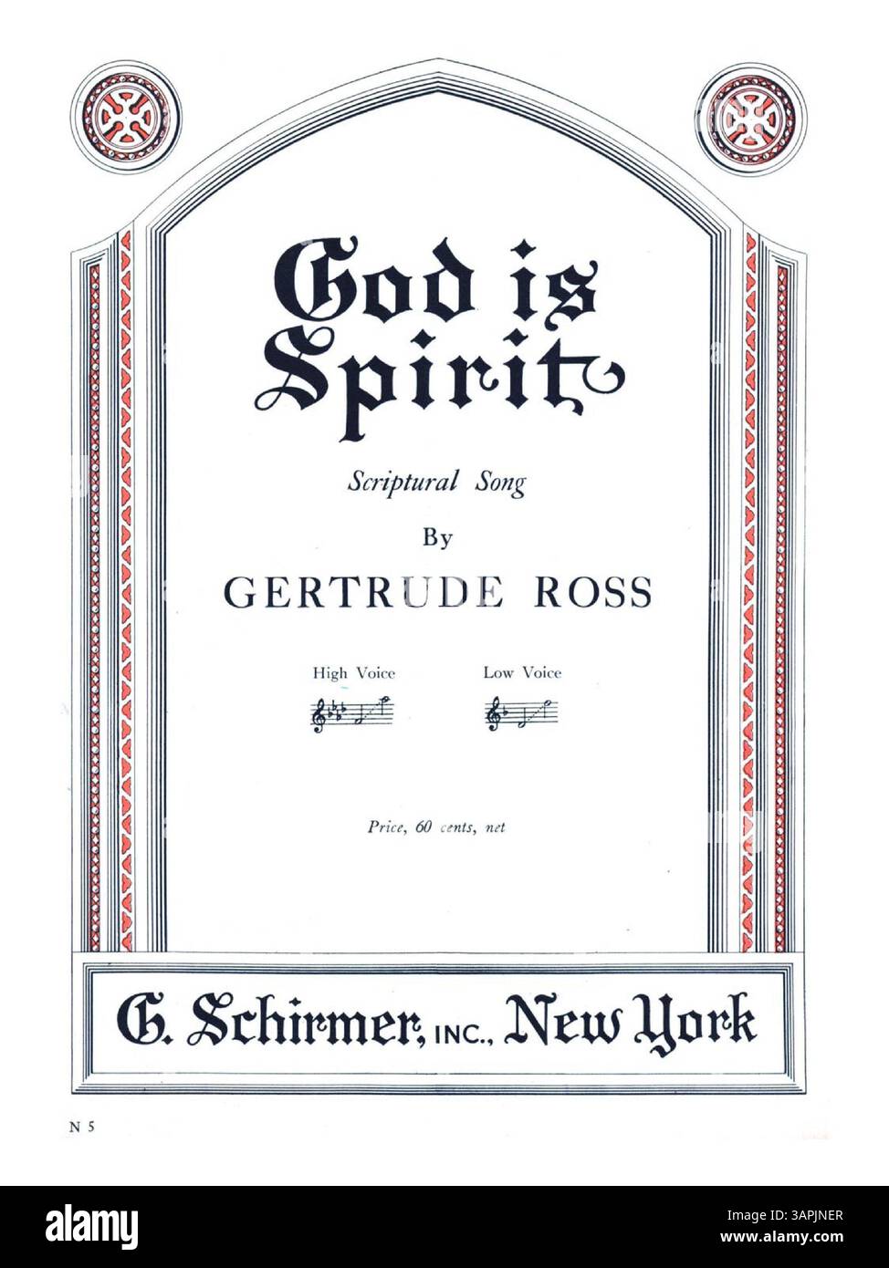 „God is Spirit“, ein schriftliches Lied von Gertrude Ross, ist für hohe Stimme arrangiert. Der Text, abgeleitet von Johannes 23-24 und Offenbarung 22,17, spiegelt heilige Themen wider. Auf der Rückseite befindet sich eine Werbung mit „New Sacred Songs by Well-known Composers, Series II“. Nummernschild: 31387. Stockfoto