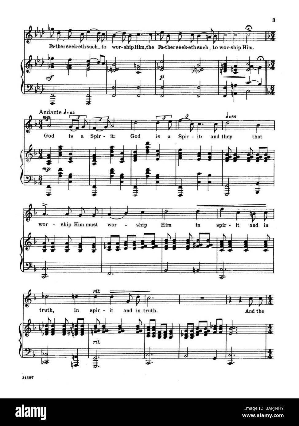 „God is Spirit“, ein schriftliches Lied von Gertrude Ross, ist für hohe Stimme arrangiert. Der Text, abgeleitet von Johannes 23-24 und Offenbarung 22,17, spiegelt heilige Themen wider. Auf der Rückseite befindet sich eine Werbung mit „New Sacred Songs by Well-known Composers, Series II“. Nummernschild: 31387. Stockfoto