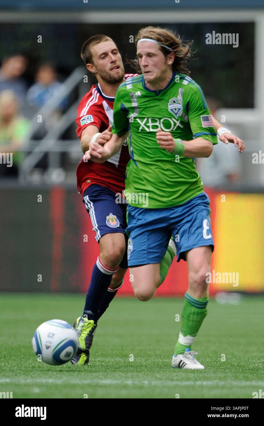 August 2011. . Seattle Sounders FC Mittelfeldspieler Erik Friberg #8 im Kampf gegen Chivas USA im CentryLink Field in Seattle, WA. . Sounders FC und Chivas USA ziehen 0 - 0.George Holland / Cal Sport Media(Kreditbild: © George Holland/Cal Sport Media/ZUMAPRESS.com) Stockfoto