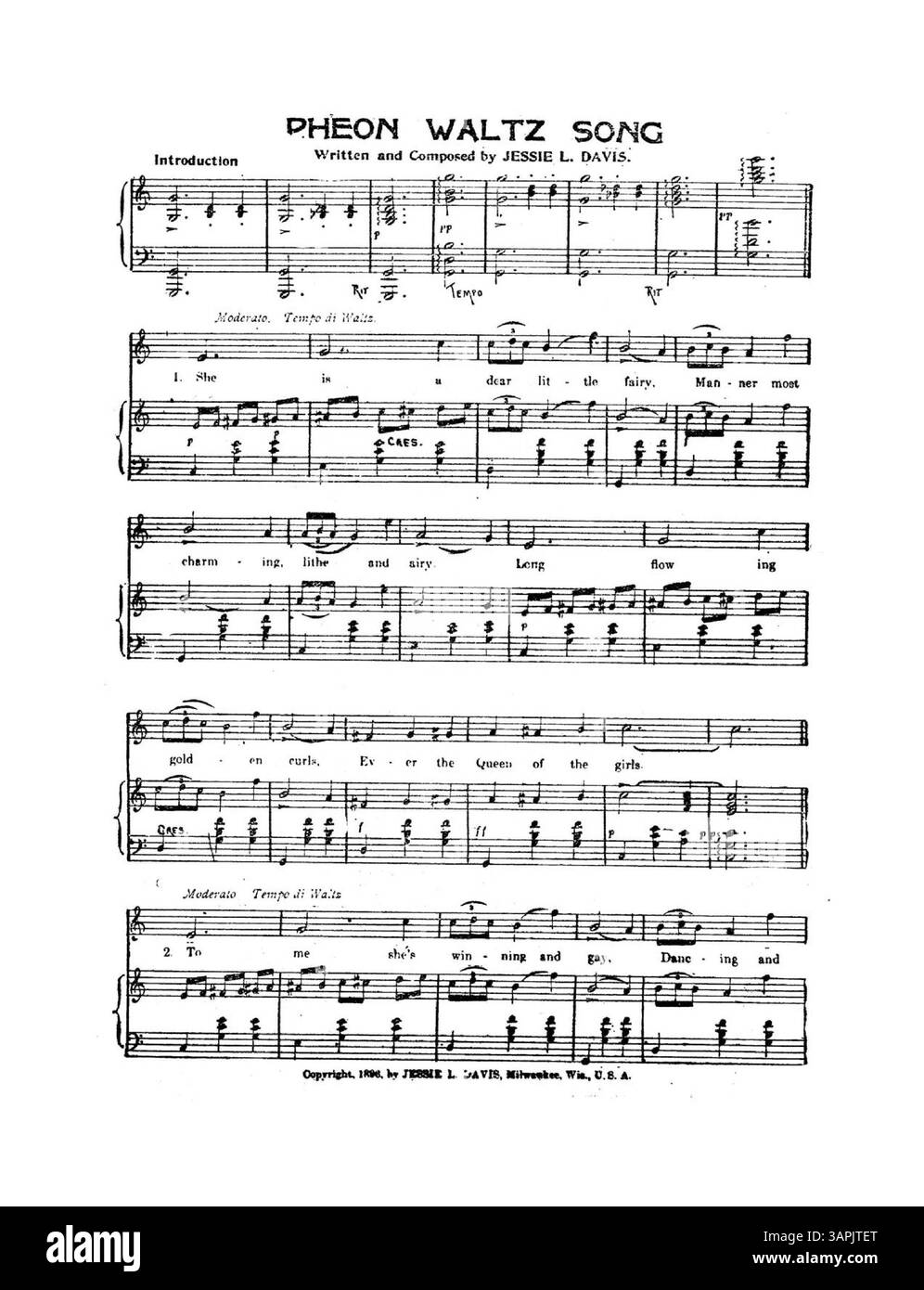 Pheon Waltz Song, komponiert von Jessie L. Davis, wurde von M’me Herrmanns Tanztruppe aufgeführt. Es war eine Ergänzung zum Examiner vom 14. November 1897. Das Cover erwähnt das Urheberrecht von Jessie L. Davis, 1896, und enthält eine Werbung für Latimers Musigraph in San Francisco. Stockfoto
