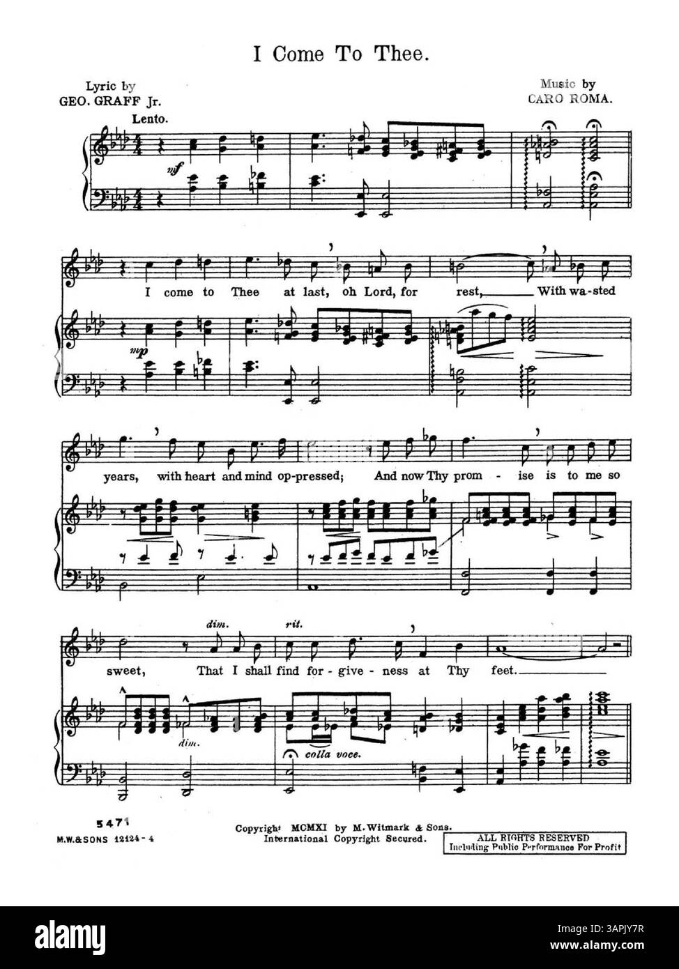 Dieses sakrale Lied mit Texten von George Graff Jr. und Musik von Caro Roma wird in der Tonart A-Dur präsentiert. Auf dem Cover befinden sich ein Grundstücksstempel des Presbyterian Church Choir und das Kennzeichen M.W.&SONS 12124. Auf der Innenseite der Vorderseite sind Werbung für andere heilige Lieder wie „The Lord's Prayer“ und „I am Thy God“ zu sehen, während auf der Rückseite „One More Day“ und „The Night Wind“ von Ernest R. Ball geworben wird. Stockfoto Dieses sakrale Lied mit Texten von George Graff Jr. und Musik von Caro Roma wird in der Tonart A-Dur präsentiert. Auf dem Cover befinden sich ein Grundstücksstempel des Presbyterian Church Choir und das Kennzeichen M.W.&SONS 12124. Auf der Innenseite der Vorderseite sind Werbung für andere heilige Lieder wie „The Lord's Prayer“ und „I am Thy God“ zu sehen, während auf der Rückseite „One More Day“ und „The Night Wind“ von Ernest R. Ball geworben wird. Stockfoto