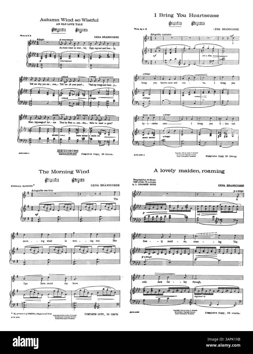 'Changes' von Gena Branscombe, ein Lied für Mezzosopran oder Bariton mit Klavierbegleitung, enthält Text adaptiert von Paris Nesbit K.C. die Komposition ist Paul Dufault gewidmet und hat die Nummernschildnummer A.P.S. 10583-10684-4. Die Rückseite zeigt die Anfänge anderer Branscombe-Songs wie „Autumn Wind“ und „I Bring You Heartease“. Das digitale Bild kann sich farblich vom Original unterscheiden. Für weitere Anmerkungen wenden Sie sich an Music Services. Stockfoto