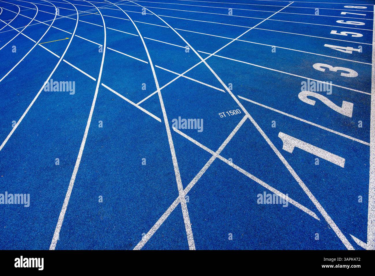 Blaue Laufbahnen in einem Stadion mit Zahlen auf der Startlinie. Schnittpunkt von Markierungslinien. Hochwertige Fotos Stockfoto