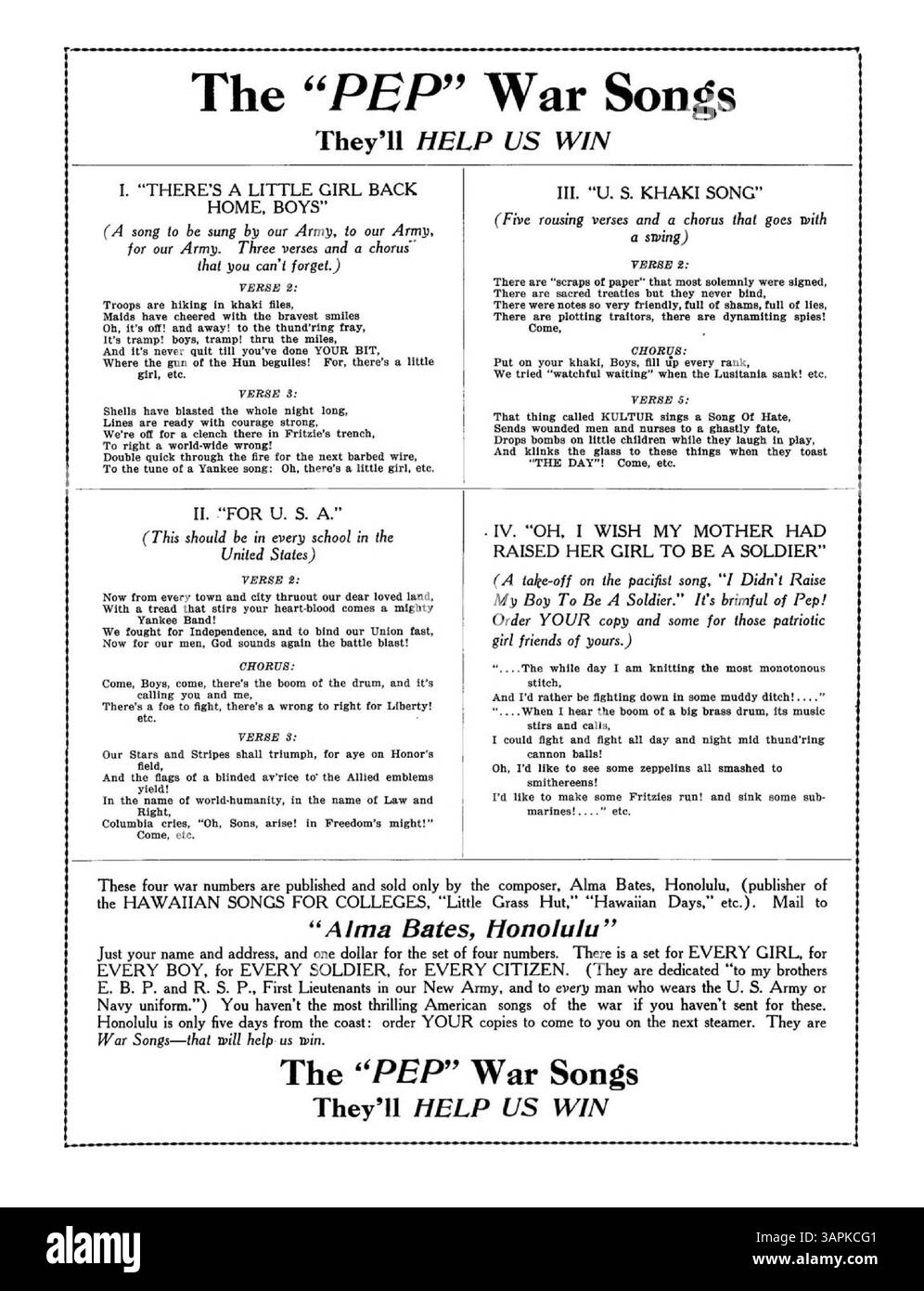 Ein musikalisches Werk von Alma Bates, bekannt für die hawaiianischen Lieder für Colleges. Auf der Rückseite des Covers ist eine Werbung für die PEP war Songs/They'll HELP US WINNING ZU sehen. Stockfoto