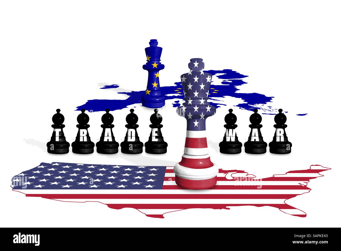 Schach aus USA- und EU-Flaggen. Handel, Zölle, Zölle und Zölle zwischen DEN USA und der EU Stockfoto
