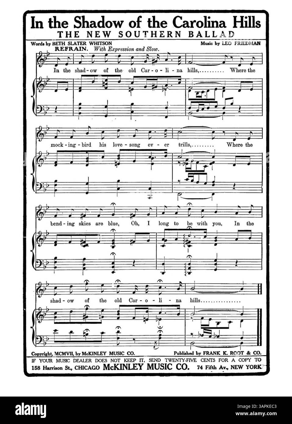 Dieses Notenblatt der University of Oregon Libraries enthält den Song „in the Shadow of the Carolina Hills“ mit Violinmusik für „Fiddle and I“ auf der Rückseite. Das Kennzeichen ist 540. Stockfoto