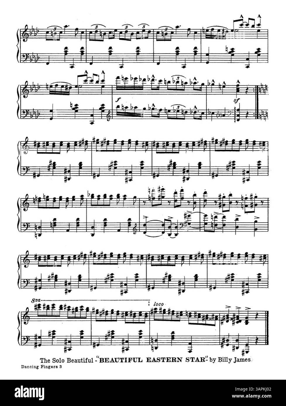 Das Dokument enthält Liedwerbung für Jack Mills Inc., darunter Honky Dory, Dancing Fingers und Daffy Dill. Andere Anzeigen zeigen „Syncopatin“ die Waagen“ von Arthur Schutt und „Beautiful Eastern Star“ von Billy James. Stockfoto