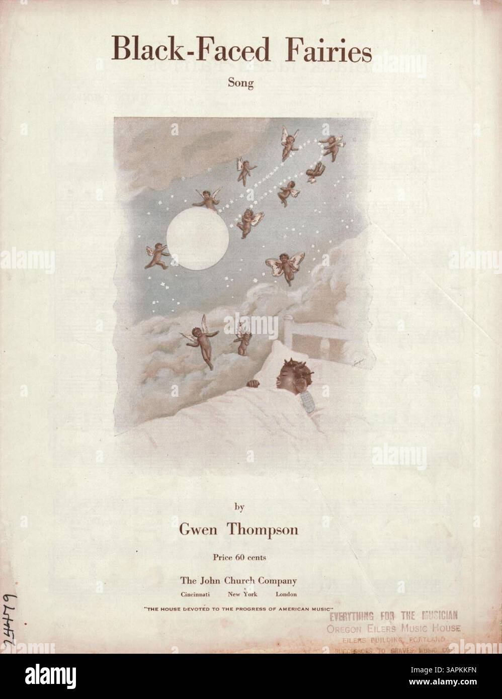 Dieses Notenblatt, das von Oregon Eiler’s Music House veröffentlicht wurde, enthält den Song Black-Faced Fairies. Auf der Rückseite des Covers werden weitere Songs geworben, die frühe amerikanische Notenproduktion zeigen. Stockfoto