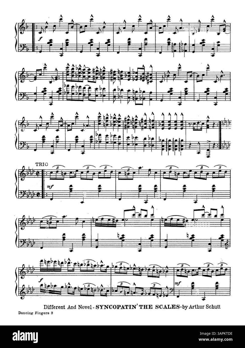 Das Dokument enthält mehrere Werbung für Songs von Jack Mills Inc., darunter Honky Dory, Dancing Fingers und Daffy Dill. Die Werbung wirbt auch für „Syncopatin“ von Arthur Schutt und „Beautiful Eastern Star“ von Billy James. Stockfoto