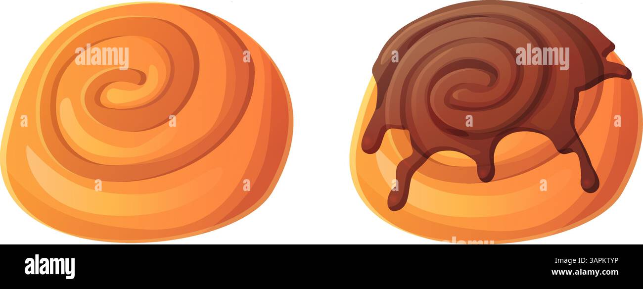 Karikatur-Zimtbrötchen mit und ohne Schokoladenglasur, isoliert auf weißem Hintergrund Stock Vektor