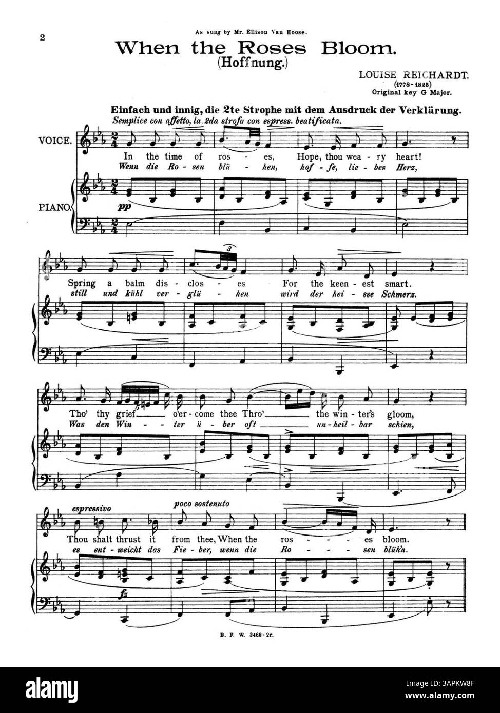 Hoffnung ist Teil der German Songs, First Series und wurde von Mr. Eillison Van Hoose gesungen. Das Lied ist in E-Dur geschrieben und wurde von B.F.W. 3468 veröffentlicht. Auf der Rückseite befindet sich eine Werbung für „Love Built a Little Garden“. Stockfoto