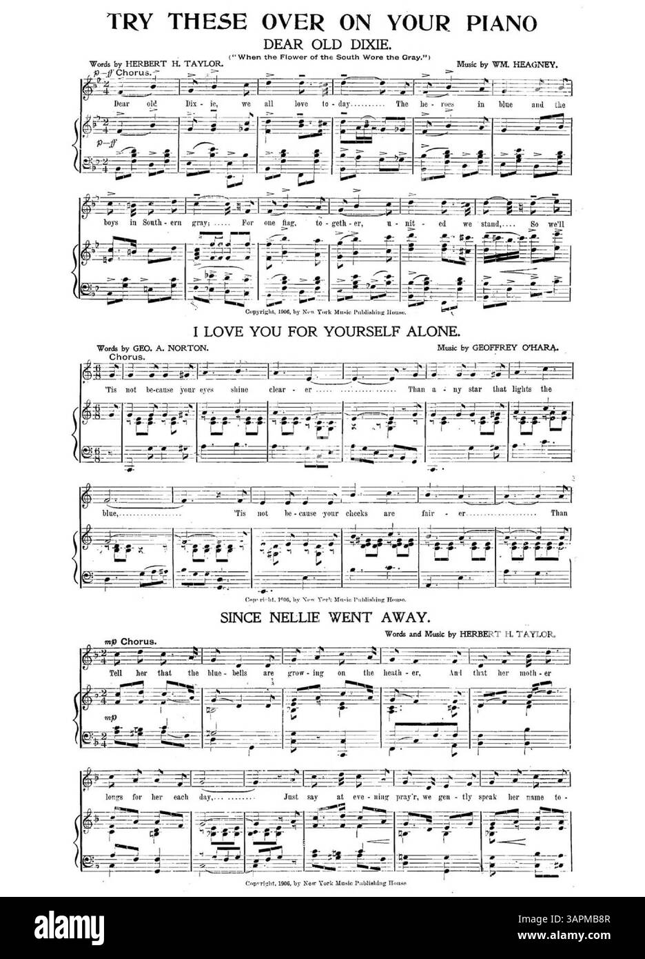 Dieses Notenblatt mit dem Titel „Minnewashta Waltzes“ trägt die Inschrift „respektvoll inscribed to Co. E. 53d Iowa National Guard“. Auf der Rückseite befindet sich eine ganzseitige Werbung mit musikalischen Ausschnitten aus verschiedenen Liedern, die vom New York Music Publishing House veröffentlicht wurden. Stockfoto