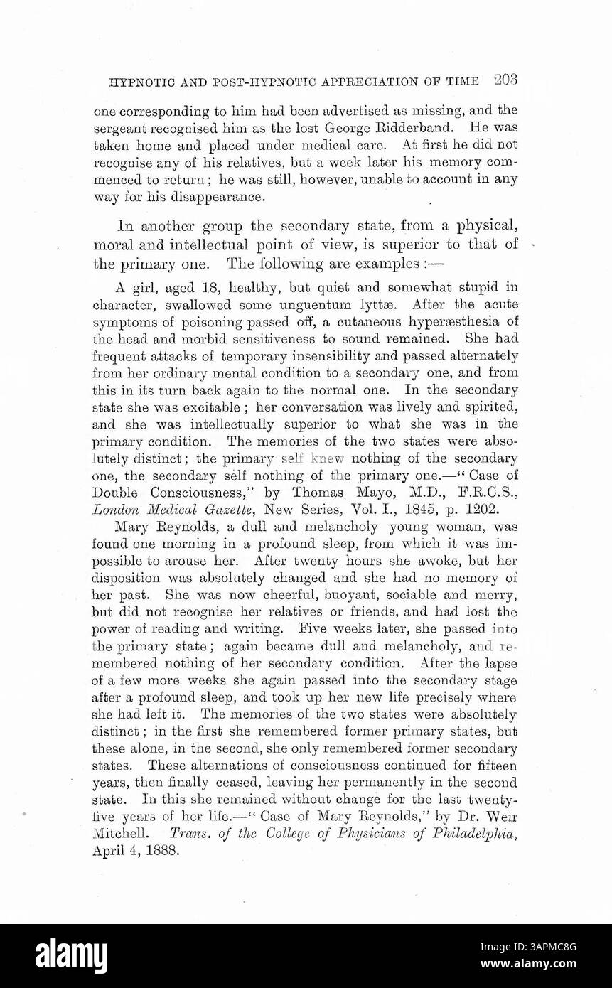 Dr. Bramwell führte Experimente mit Hypnose durch, um unbewusste Zeitwahrnehmung zu untersuchen. Die Patienten wurden hypnotisiert und gebeten, eine Aufgabe zu einem vorab vereinbarten Zeitpunkt auszuführen, ohne sich an die Aufgabe zu erinnern, es sei denn, sie standen unter Hypnose. Dieses Phänomen deutet auf eine unbewusste Zeitmessung hin, wobei die Meinungen anderer Experten abweichen. Stockfoto