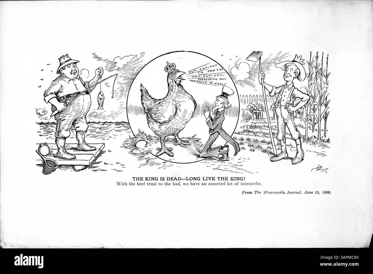 Eine satirische Illustration über die Rindfleischbranche und die Lebensmittelindustrie in Zeiten des wirtschaftlichen Wandels. Das Bild zeigt verschiedene Monarchen, darunter einen Fischer, ein Huhn und ein Landwirt, wobei Onkel Sam vor dem Huhn kniet, was die öffentliche Frustration über die Lebensmittelpreise während einer Untersuchung der Rindfleischindustrie symbolisiert. Stockfoto