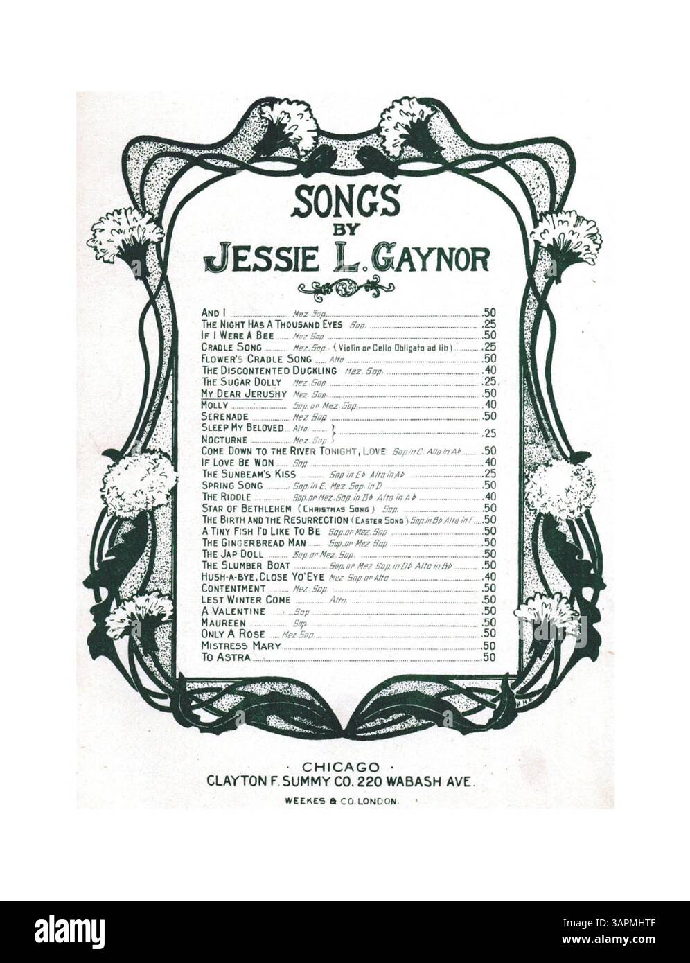 Das Notenblatt für My Dear Jerushy enthält ein Gedicht von Alice C.D. Riley und Musik von Jessie L. Gaynor. Es enthält eine Sopranstimme auf Seite 7 und eine Werbung für weltliche und geistliche Lieder. Das Werk repräsentiert die amerikanische Musik des frühen 20. Jahrhunderts und die Verlagspraxis von Clayton F. Summy Co. Stockfoto