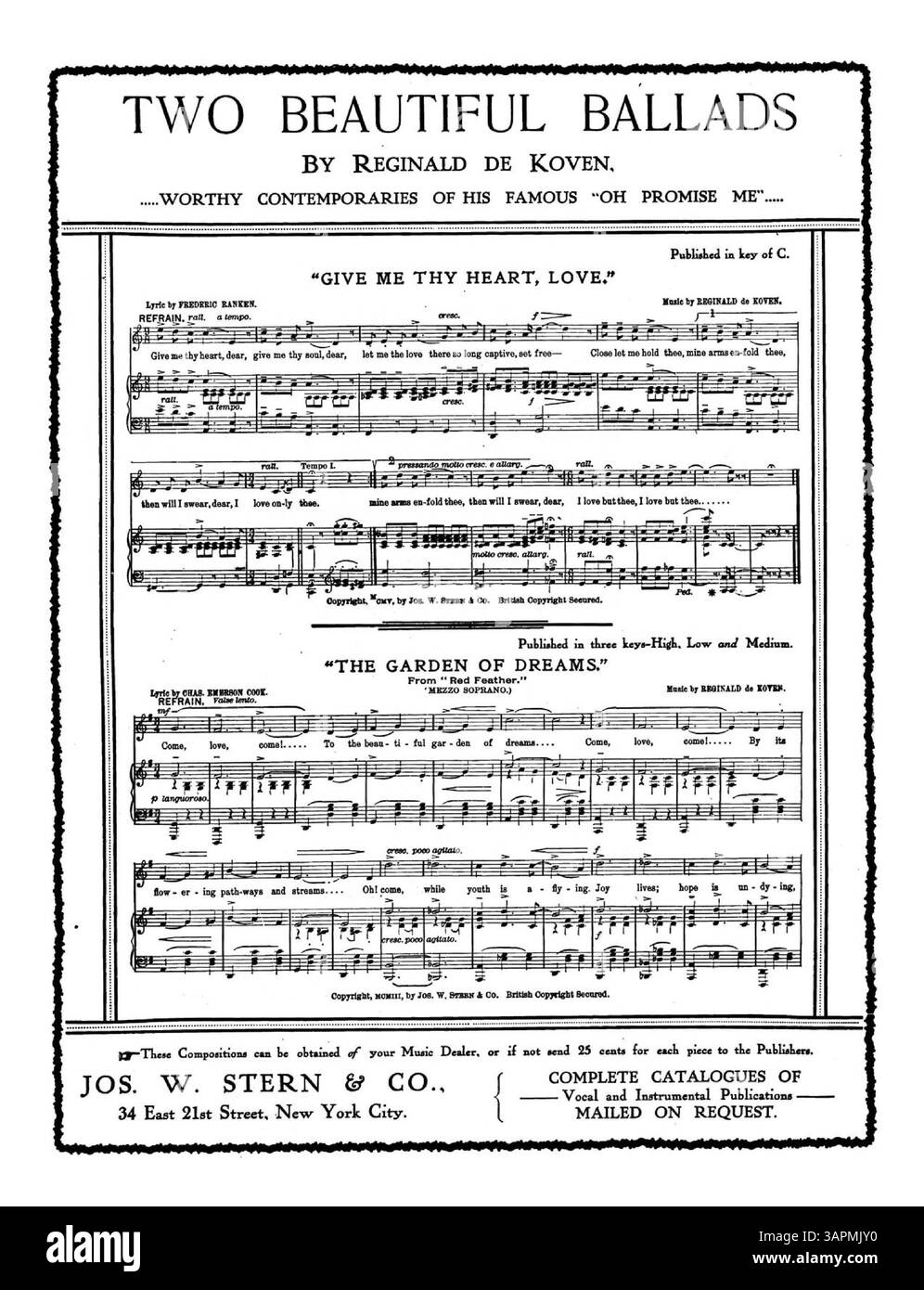 „Come Out in the Moonlight“, ein Lied von Cecilia Loftus, enthält das Cover von The Lancers unter der Regie von Mr. Henry Miller. Das Lied ist unter den „neuen Songs“ von Loftus gelistet, Plattennummer 5874. Auf der Innenseite der Rückseite befindet sich eine Anzeige für das Musical „Noah's Ark“ von Clare Kummer, und auf der Rückseite werden zwei Balladen von Reginald de Koven, „Gib mir dein Herz, Liebe“ und „der Garten der Träume“, vorgestellt. Stockfoto