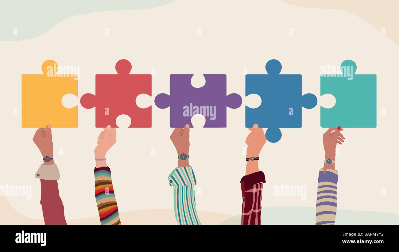Verschiedene Hände halten Puzzleteile als Symbol für Einheit Teamwork Inklusion und Zusammenarbeit Stock Vektor