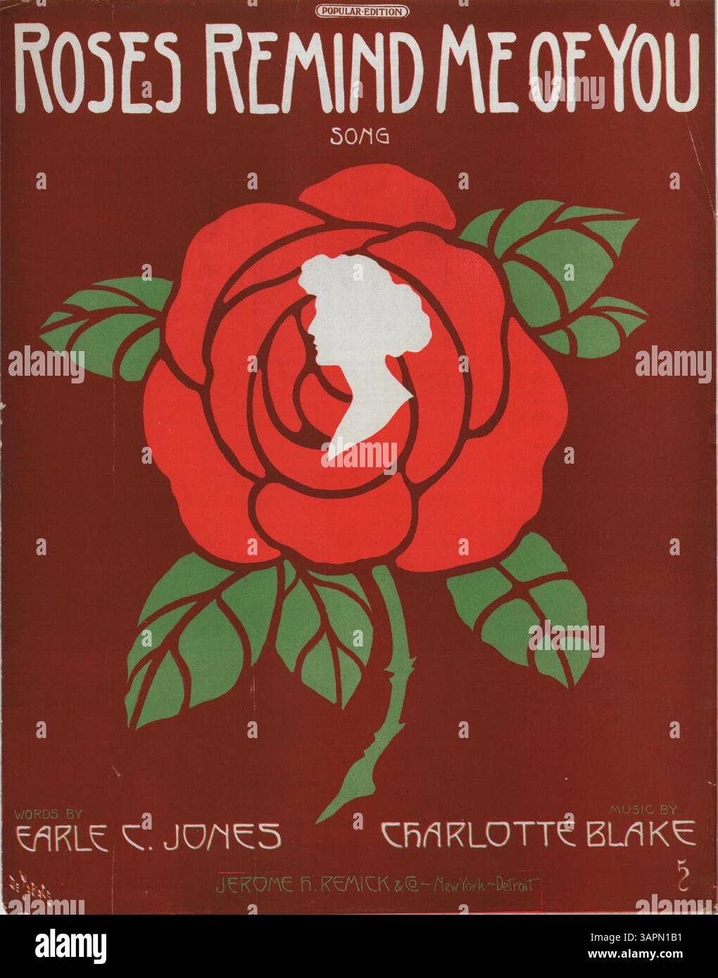 „Roses Remember Me of You“ enthält eine ganzseitige Anzeige für Jerome H. Remick & Co. „Neueste Publikationen“ auf der zweiten Seite. Der Werbespot enthält musikalische Ausschnitte aus den Liedern „Moon Bird“ von Johann C. Schmid und J.E. Dempsey und „Lady Love“ von Albert Gumble und WM McKenna. Stockfoto