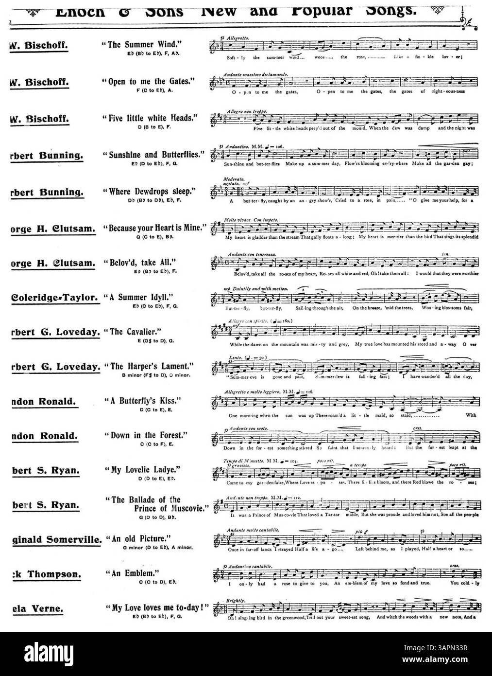 Dieses Musikstück enthält Musik von Vivian St. James und Texte von Christina Rossetti, mit einer Widmung an Miss Millicent Somerset. Die Rückseite enthält eine Werbung für beliebte Lieder von Enoch & Sons und eine Reihe von fünf Liedern aus der Serie A Cycle of Life, komponiert von Landon Ronald und gesungen von Madame Melba. Stockfoto