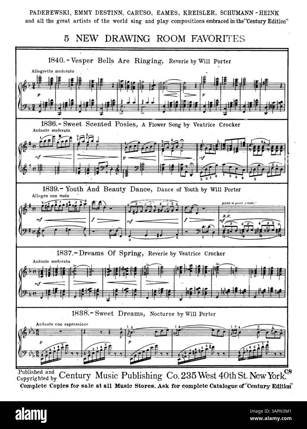 Dieses musikalische Werk mit dem Titel „Guitare Guitare“ ist Teil der „Century Edition“ und steht unter Titel Nr. 1850 unter dem Titel „Foreign Compositions, Series III.“ wird das Stück von M. Greenwald bearbeitet und gefingert, und auf der Rückseite wird für andere Musik aus Century Music geworben. Dieses Werk beleuchtet die Rolle der europäischen Musik in amerikanischen Musikpublikationen des frühen 20. Jahrhunderts. Stockfoto