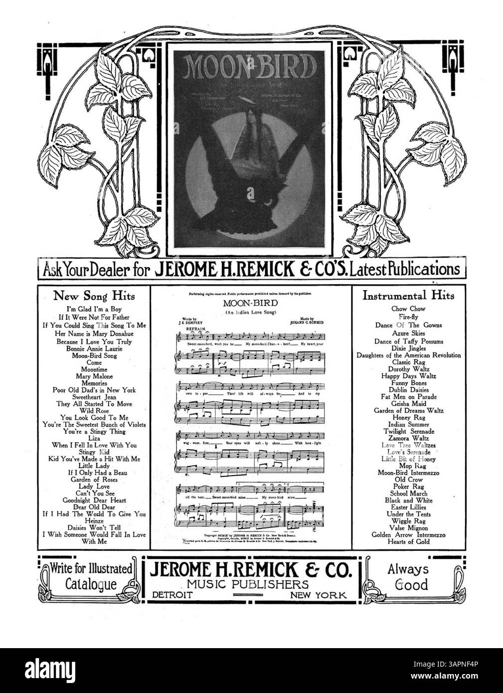 Dieses Notenblatt für „Roses Remember Me of You“ enthält eine ganzseitige Werbung für Jerome H. Remick & Co.'s „Latest Publications“ und einen Auszug aus „Moon Bird“ von Johann C. Schmid und J.E. Dempsey sowie „Lady Love“ von Albert Gumble und WM McKenna. Stockfoto