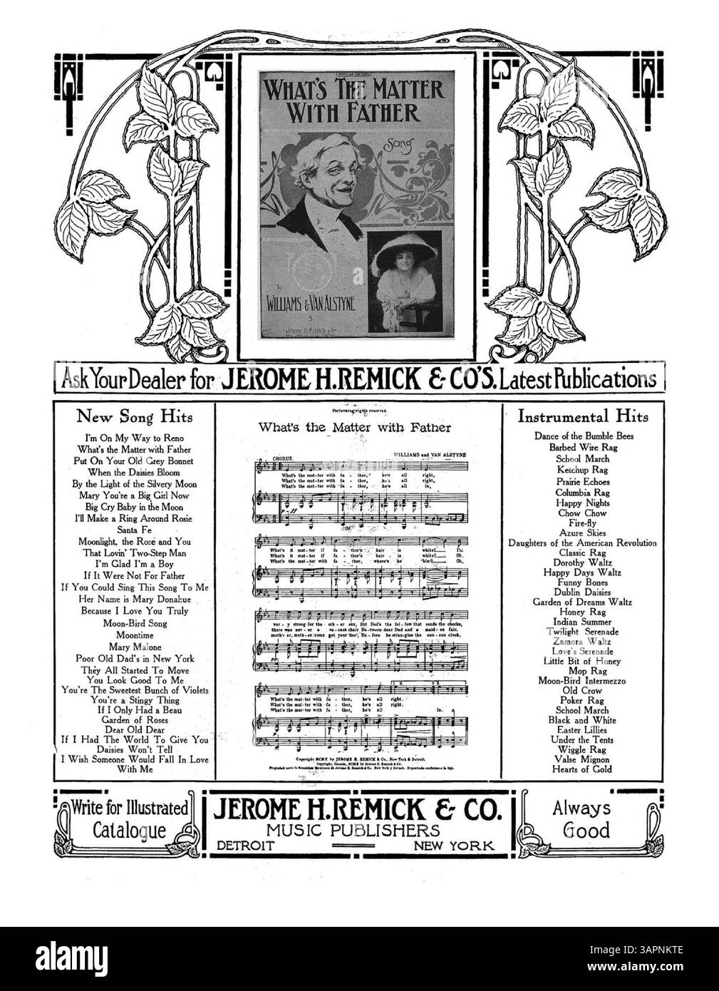 Die zweite Seite enthält eine ganzseitige Werbung für Jerome H. Remick & Co.'s neueste Publikationen, einschließlich eines musikalischen Ausschnitts aus What's the Matter with Father von Williams und Van Alstyne. Die Rückseite zeigt eine weitere Werbung für Remick & Co., mit einem Auszug aus „The Moonlight, the Rose and You“ von Chas E. Baer und Johann C. Schmid. Stockfoto