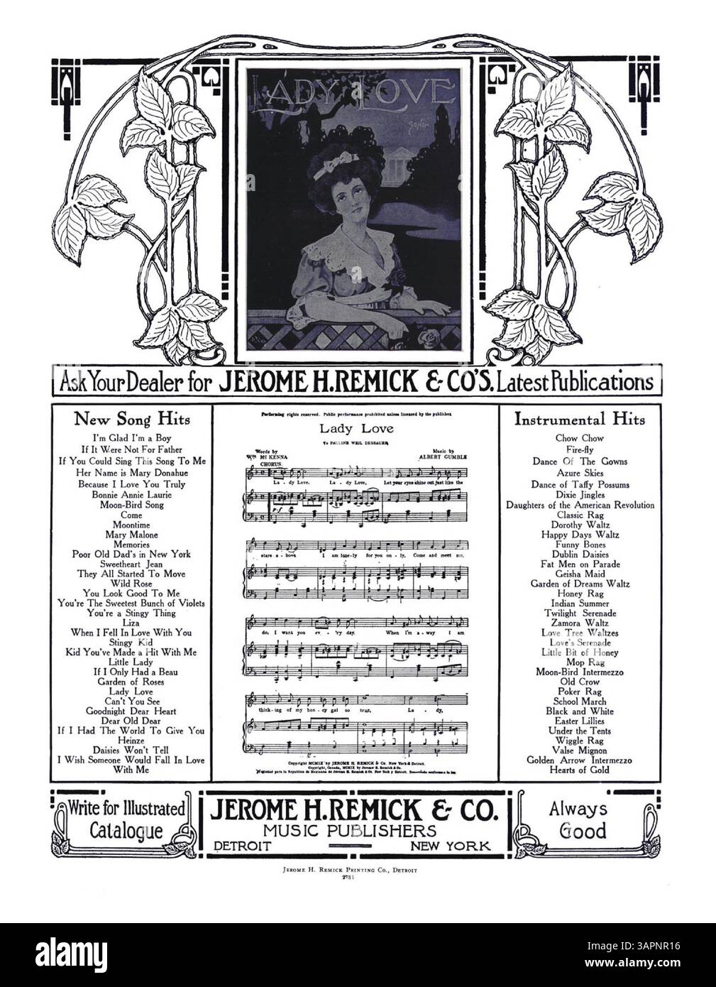 „Roses Remember Me of You“ enthält eine ganzseitige Anzeige für Jerome H. Remick & Co. „Neueste Publikationen“ auf der zweiten Seite. Der Werbespot enthält musikalische Ausschnitte aus den Liedern „Moon Bird“ von Johann C. Schmid und J.E. Dempsey und „Lady Love“ von Albert Gumble und WM McKenna. Stockfoto