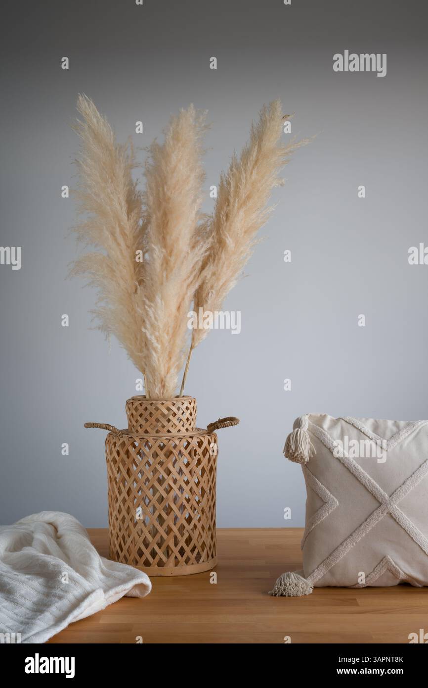 Böhmischer Stil: Pampas Gras, gewebte Vase und strukturiertes Kissen Stillleben Stockfoto