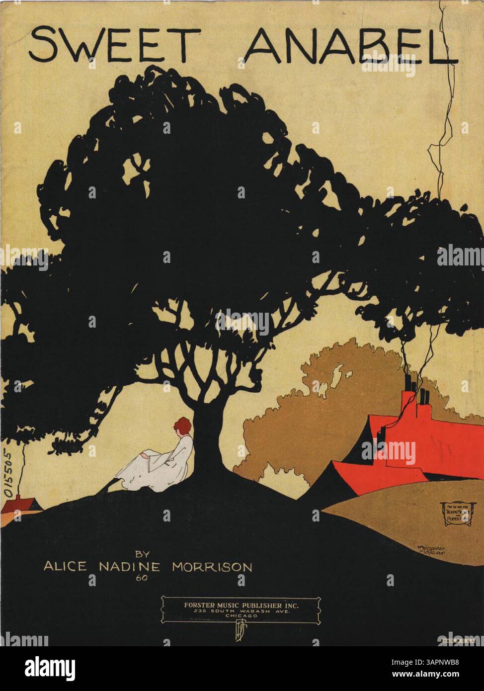 Dieses Notenblatt für Sweet Anabel enthält musikalische Ausschnitte aus Songs wie Fuzzy Wuzzy Bird und Werbung für andere Songs wie Out Where the West Begins und Mississippi Cradle. Die Sammlung zeigt Musikverlagsmethoden des 20. Jahrhunderts und enthält Auszüge aus verschiedenen Werken des Forster Music Publisher. Stockfoto