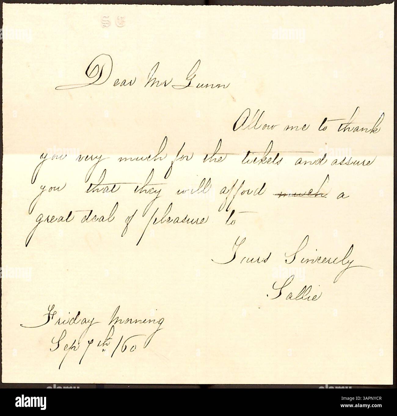 Dieser Brief von Sally Edwards an Thomas Butler Gunn vom 7. September 1860 bedankt sich für die Opernkarten, die Gunn ihr gegeben hat. Es ist Teil der Thomas Butler Gunn Diaries, Band 13, die persönliche Korrespondenz der Zeit zeigt. Stockfoto