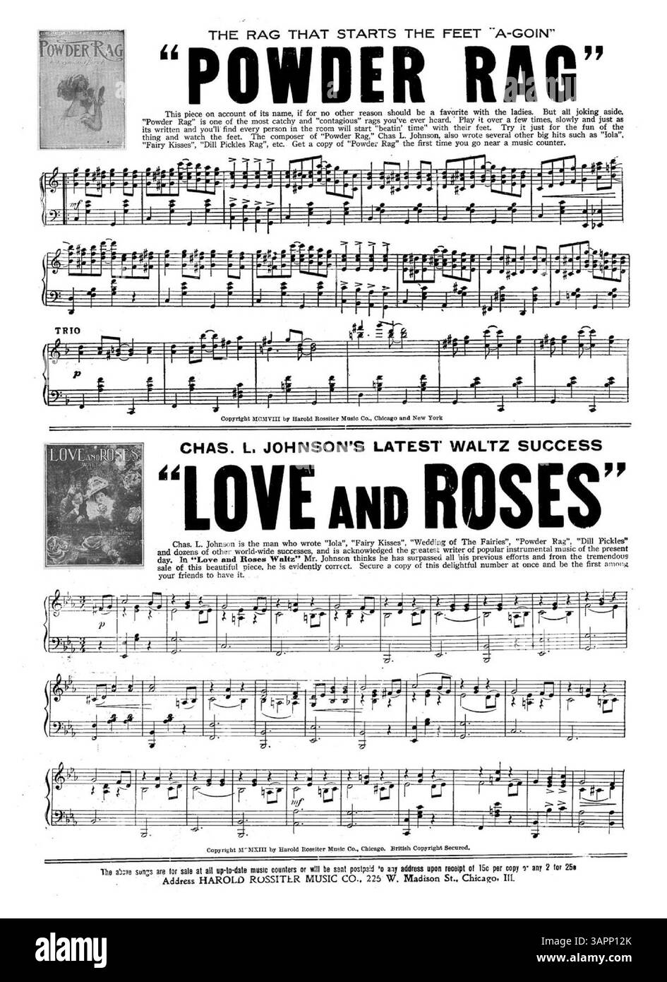 Der „Juno Walz“ ist der Sopranistin Wilmina Hammann gewidmet. Das Cover ist mit einer Widmung versehen, auf der Innen- und Rückseite sind Werbung für musikalische Ausschnitte aus Liedern wie „Sabbath Chimes“, „Powder Rag“ und „Love and Roses“ zu sehen. Stockfoto