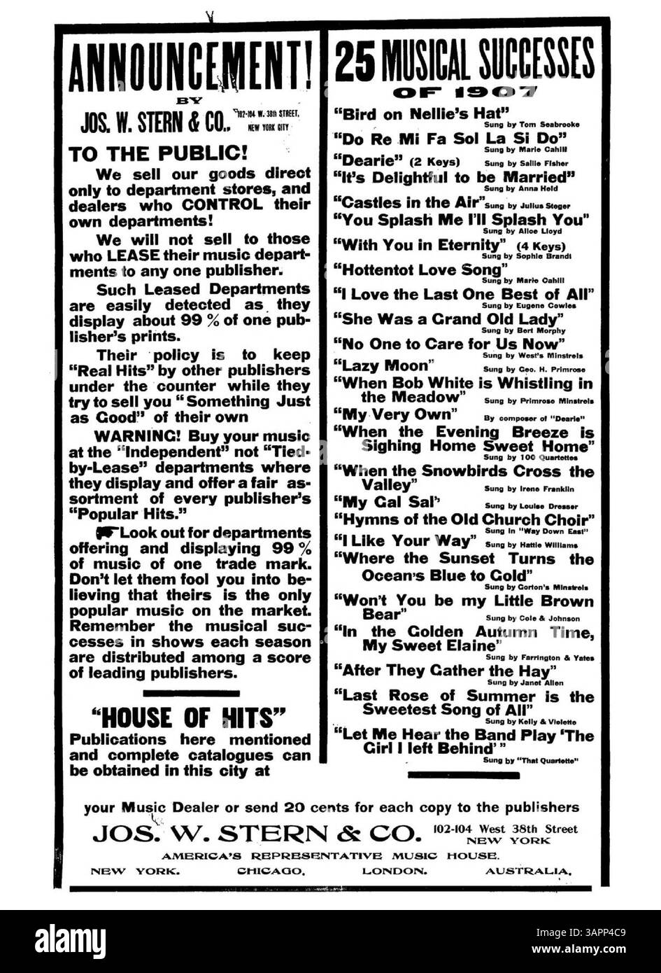 Die Notenblätter von Kitty O Neil Waltzes geben an, dass es sich um einen „sofortigen Walzer-Song-Hit“ handelt. Auf der Rückseite steht die Werbung für „25 Musical Success“ von Jos. W. Stern & Co., mit der Kennziffer 5845. Stockfoto