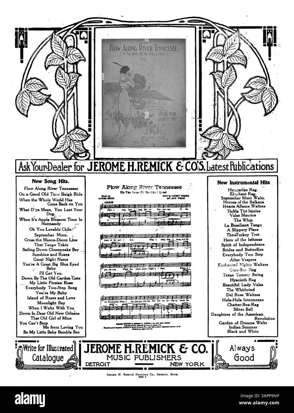 Das Notenblatt für The Good Ship Mary Ann, mit einer Coverwerbung für „Flow Along the River Tennessee“. Stockfoto
