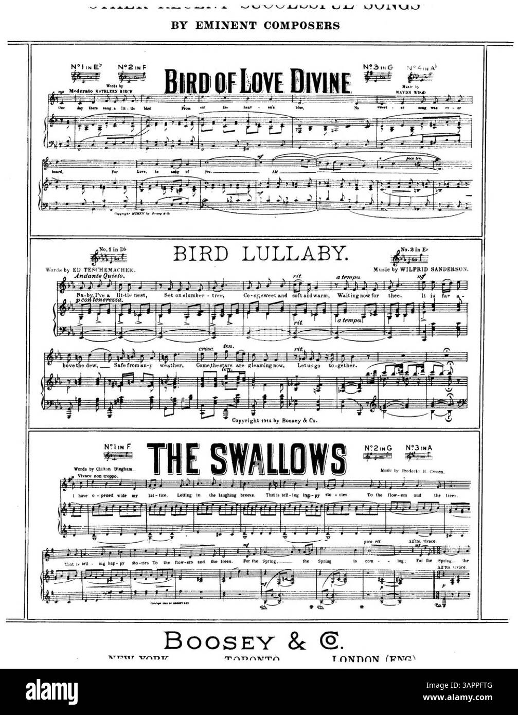 Der „Weathercock“ aus den University of Oregon Libraries enthält musikalische Auszüge und ein Longfellow-Gedicht. Es enthält Werbung für Songs von Boosey & Co., mit Aufführungsanweisungen für Sänger. Stockfoto