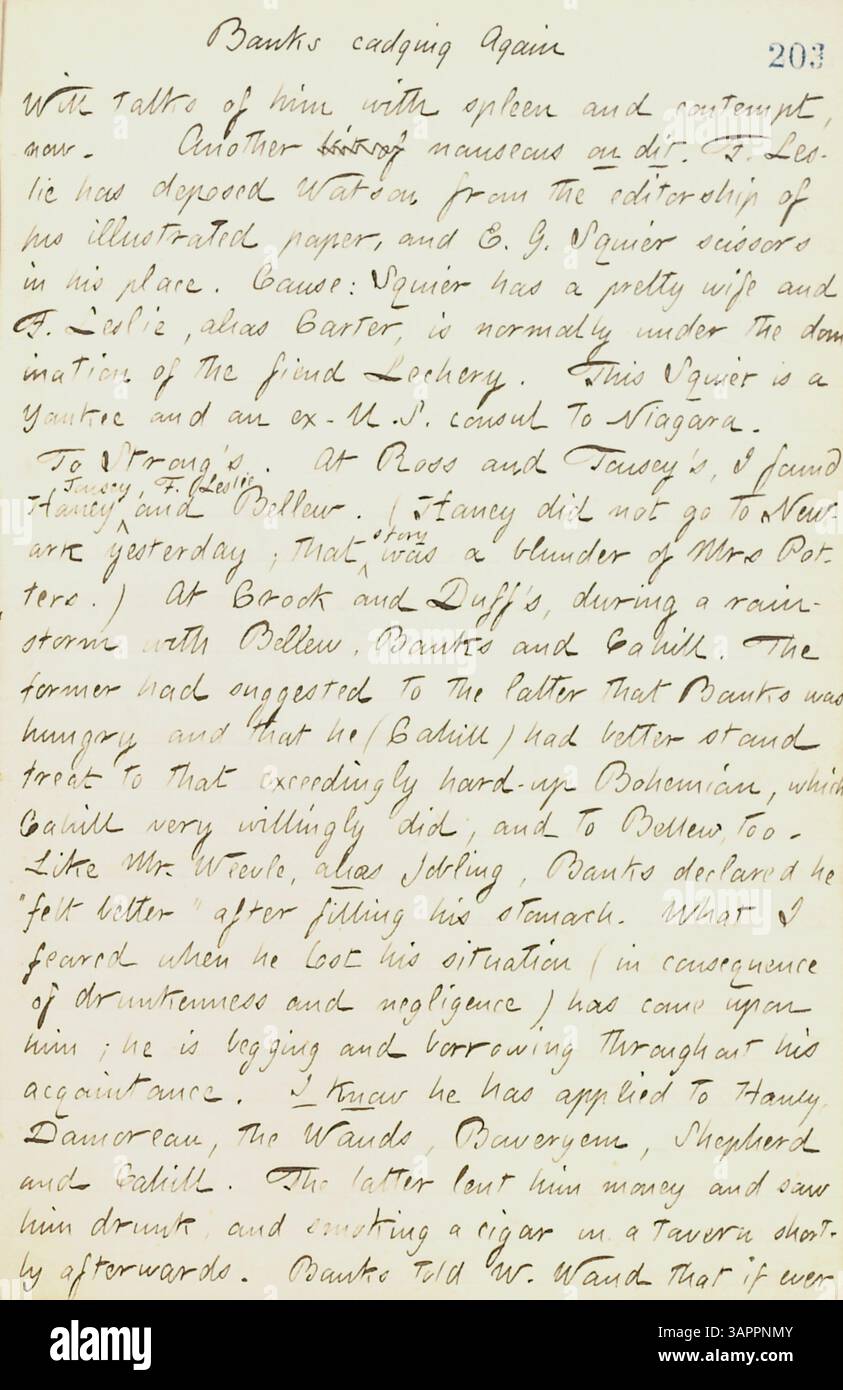 Dieser Eintrag in den Thomas Butler Gunn Diaries, Band 17, beschreibt ein Gespräch am 27. September 1861 zwischen Gunn und William Waud. Es geht um Klatsch, redaktionelle Änderungen und Beziehungen innerhalb ihres sozialen Kreises. Stockfoto