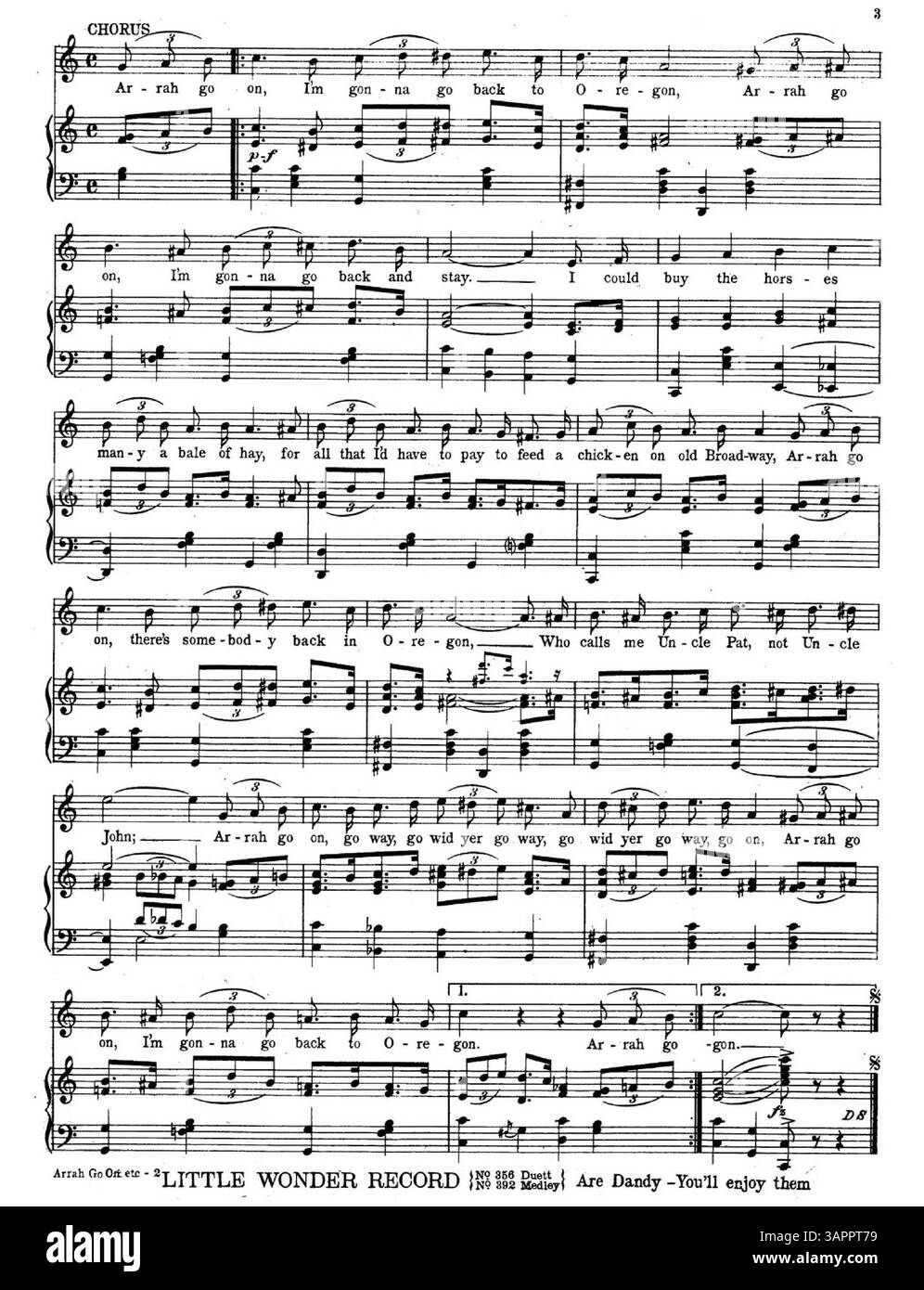 Arrah Go On, I'm Going Go Back to Oregon ist ein Lied von Maggie Cline. Das Cover enthält eine Werbung für „If I Knock the „L“ Out of Kelly“ sowie musikalische Auszüge. Die Farbdarstellung im digitalen Bild kann sich von der Originalfarbe unterscheiden. Stockfoto