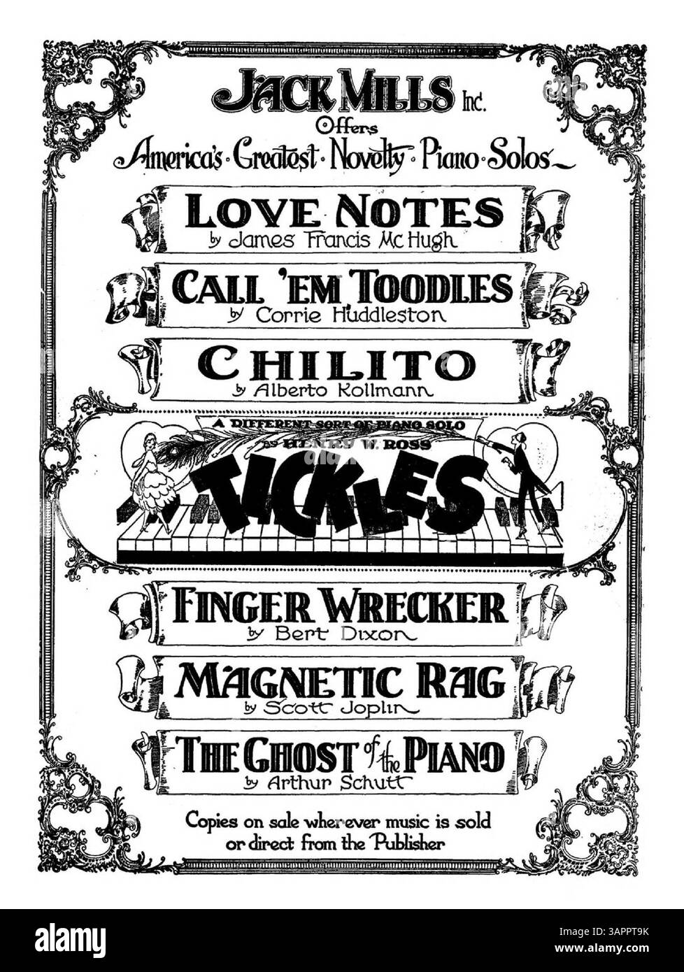 Das Dokument enthält Werbung für Songs von Jack Mills Inc., auf dem Cover sind Titel wie „Honky Dory“, „Dancing Fingers“ und „Daffy Dill“ zu sehen. Werbung für Songs wie „Syncopatin“ The Scales“ von Arthur Schutt und „Beautiful Eastern Star“ von Billy James erscheint auf mehreren Seiten. Stockfoto